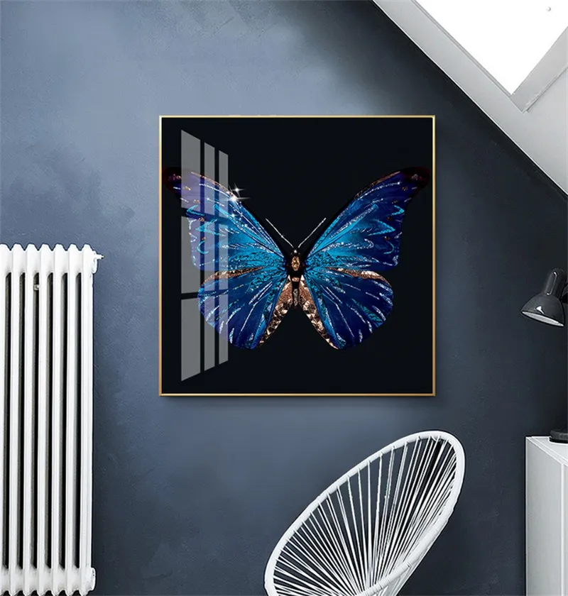 Aluminum Alloy Frame Crystal Porcelain Picture Blue Butterfly Living Room Bedroom Porch Decoration Picture Hanging Picture