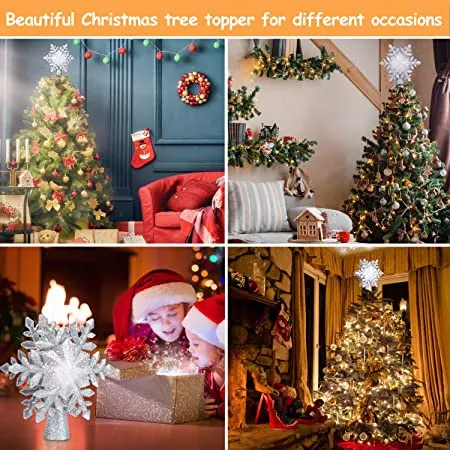Christmas Tree Topper Lighted with White Snowflake Projector, LED Rotating Snowflake, 3D Glitter Lighted Sliver Snow Tree Topper for Christmas Tree Decorations