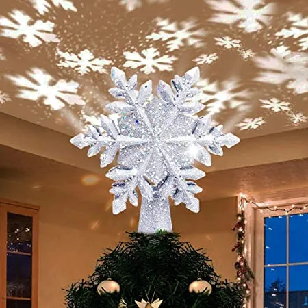 Christmas Tree Topper Lighted with White Snowflake Projector, LED Rotating Snowflake, 3D Glitter Lighted Sliver Snow Tree Topper for Christmas Tree Decorations