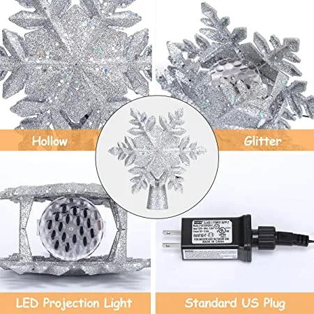 Christmas Tree Topper Lighted with White Snowflake Projector, LED Rotating Snowflake, 3D Glitter Lighted Sliver Snow Tree Topper for Christmas Tree Decorations