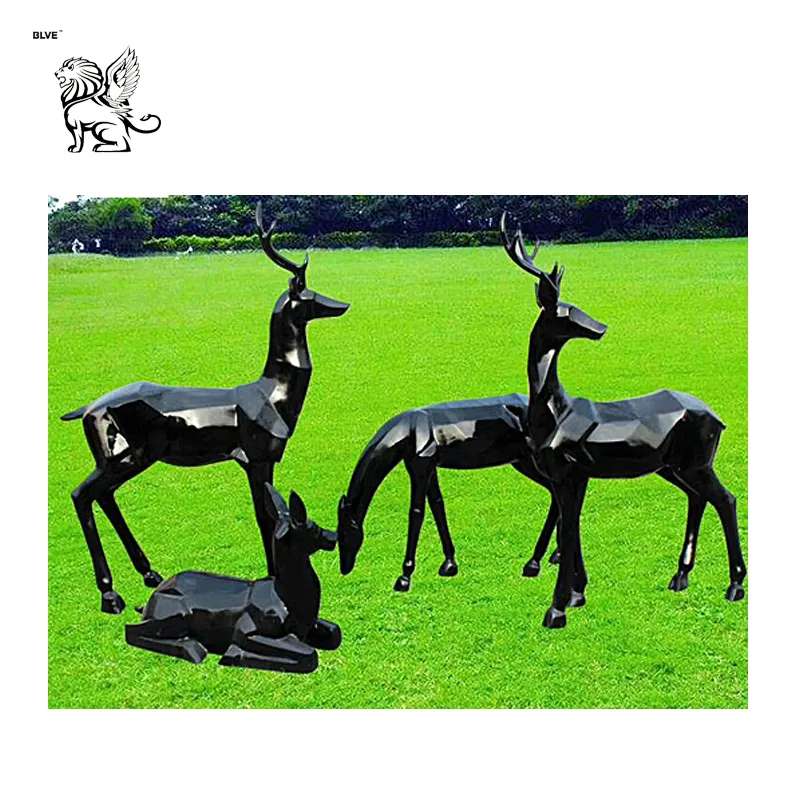 Factory Customized Garden Decoration Fiberglass Polished Abstract Black Sika Deer Sculpture Fsc-042