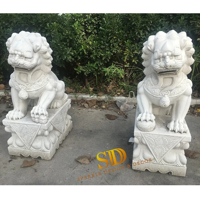 Hand Carved Foo Dog Animal Sculpture White Marble Statue for Garden Doorway Decoration