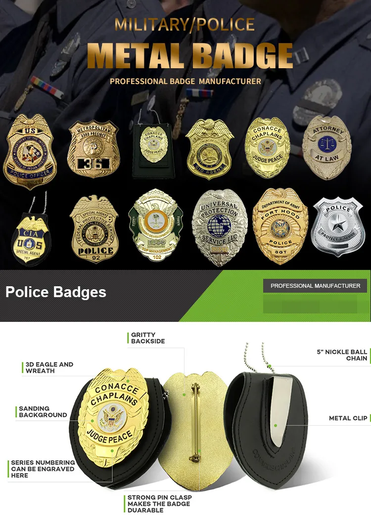 High Quality Zinc Alloy Die Casting Military Items Name Metal Custom Security Police Badges