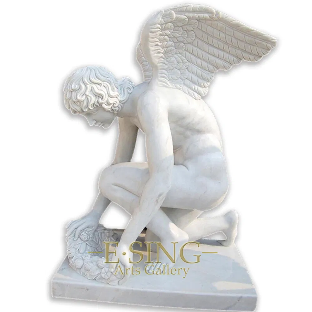 Large White Marble Kneeling Weeping Angel with Wing Headstone Statue Tombstone