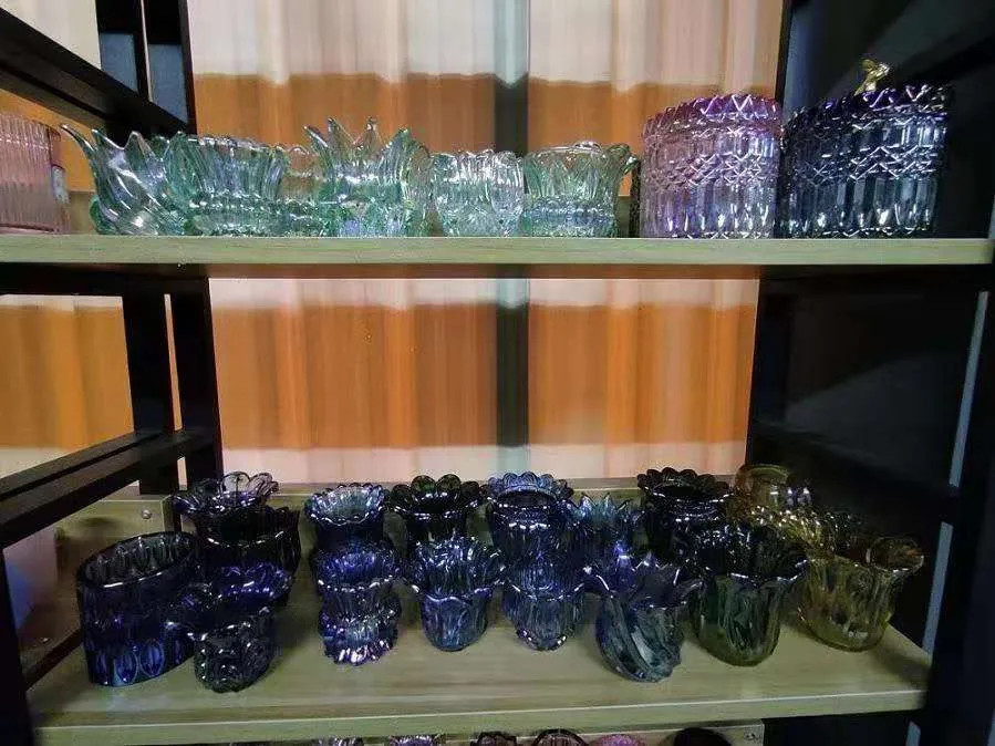 New Design Machine Made Colored Electroplating/Sprayed/Engraved Glass Candle Holder, Glass Contaiiner, Glass Candy Jar, Glass Jewel Box