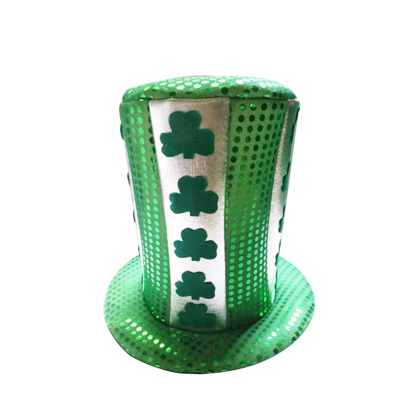 Saint Patrick′s Day Party Irish Clover Sequined Green Top Hat for Unisex
