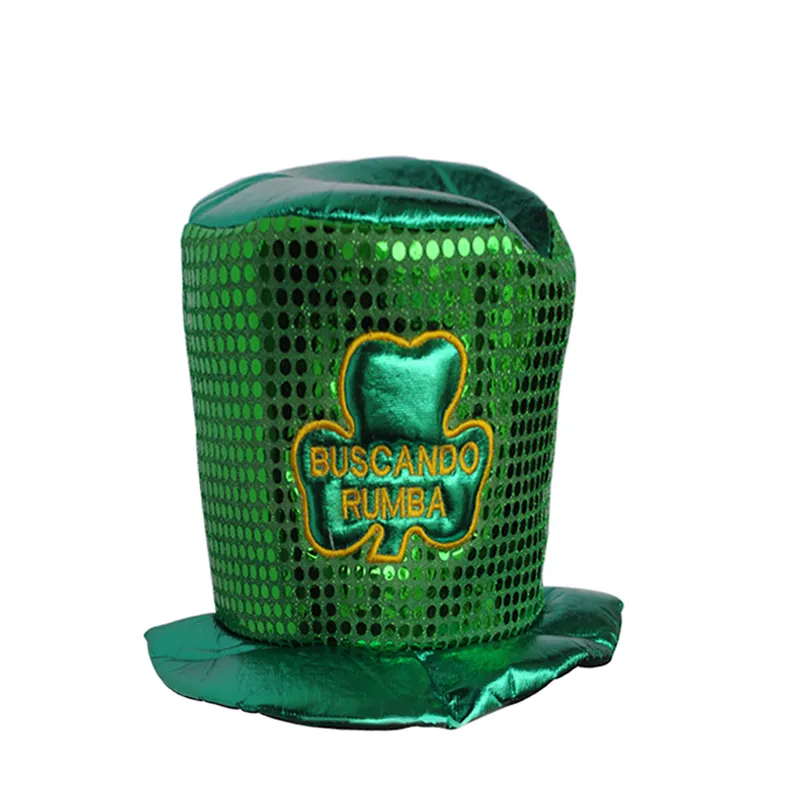 Saint Patrick′s Day Party Irish Clover Sequined Green Top Hat for Unisex