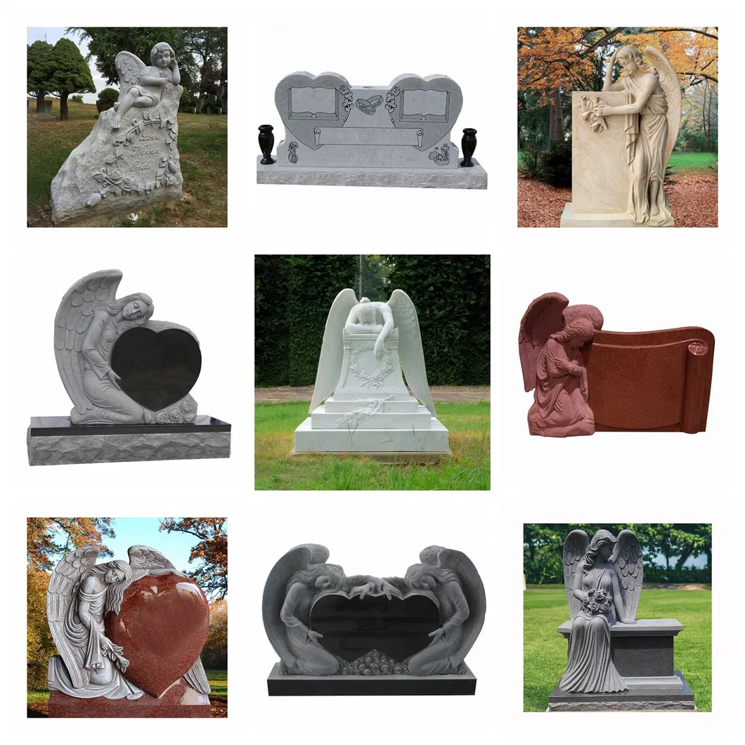 Simple Grey Marble Tombstone with White Marble Praying Angel Statues