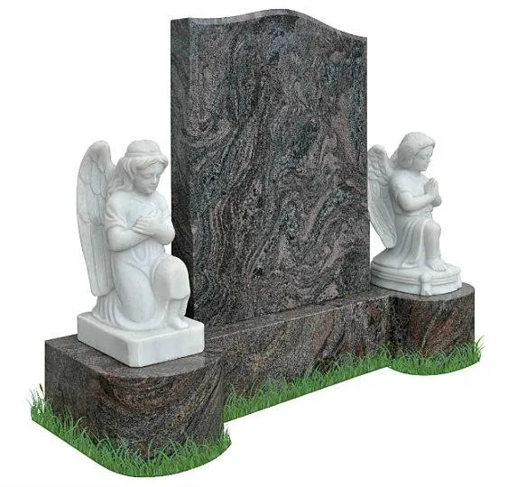 Simple Grey Marble Tombstone with White Marble Praying Angel Statues